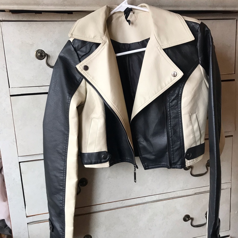 Black and white moto jacket